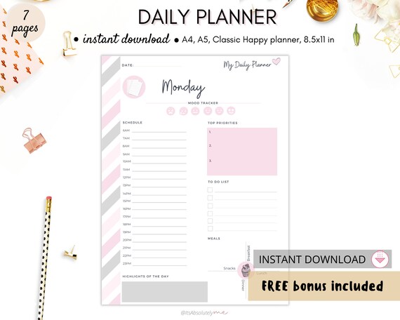 Daily schedule, Hourly planner for your daily routine, 2022 daily planner, Daily goal planner, A4 A5 Classic Happy Planner, Instant download