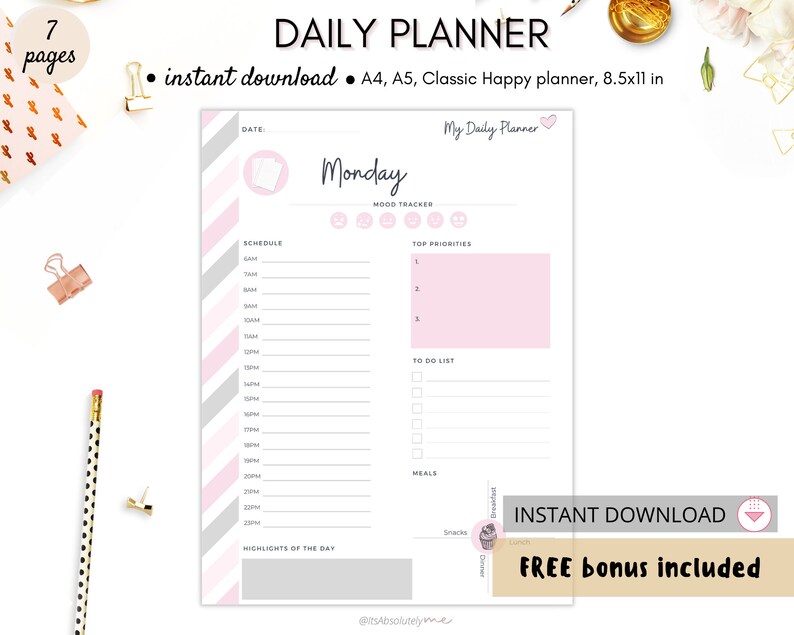 May include: A printable daily planner page with a pink and gray striped background. The page is titled "Monday" and includes sections for schedule, mood tracker, top priorities, to do list, meals, and highlights of the day. The text "Instant Download" and "Free bonus included" is also visible.