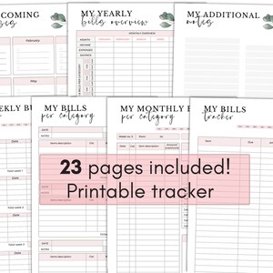 May include: Printable budget planner with 23 pages. The planner includes sections for upcoming expenses, yearly bills overview, additional notes, weekly bill tracker, bills per category, and monthly bills per category. The planner has a pink and green floral design.