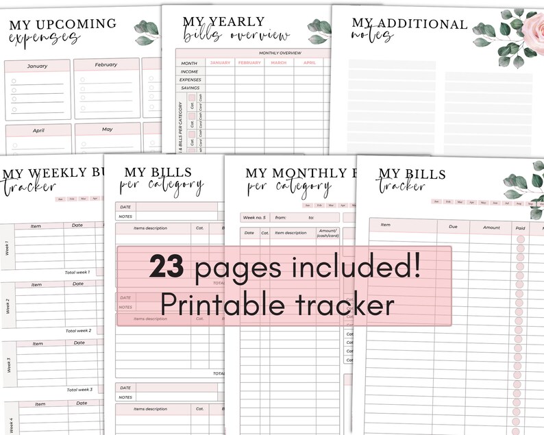 May include: Printable budget planner with 23 pages. The planner includes sections for upcoming expenses, yearly bills overview, additional notes, weekly bill tracker, bills per category, and monthly bills per category. The planner has a pink and green floral design.