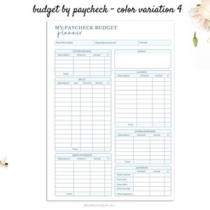 May include: A printable budget planner with a light blue and white colour scheme. The planner is titled "My Paycheck Budget Planner" and includes sections for other income, bills, savings, debt payments, other expenses, and a summary.