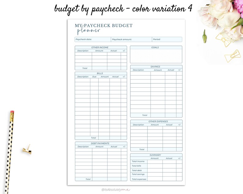 May include: A printable budget planner with a light blue and white colour scheme. The planner is titled "My Paycheck Budget Planner" and includes sections for other income, bills, savings, debt payments, other expenses, and a summary.