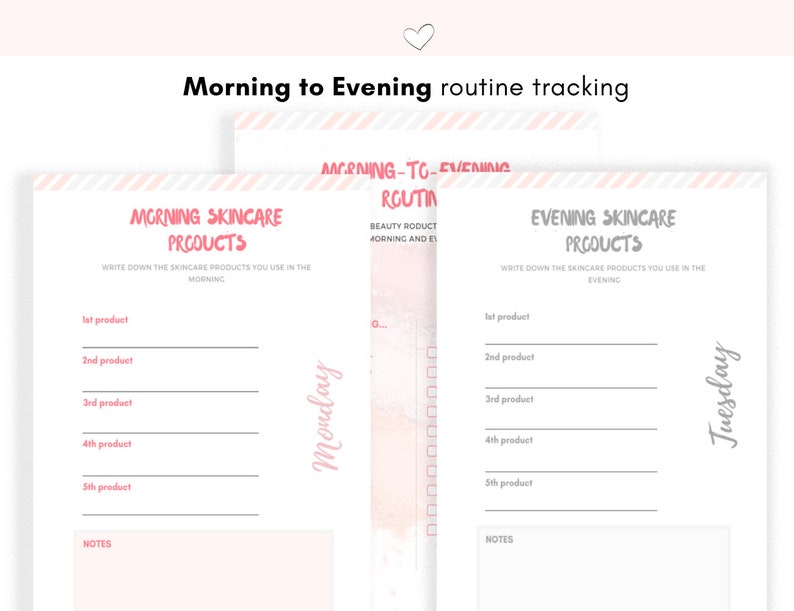 May include: Printable planner pages with pink and gray stripes. The pages are titled "Morning Skincare Products" and "Evening Skincare Products". The pages are for tracking skincare products used in the morning and evening.