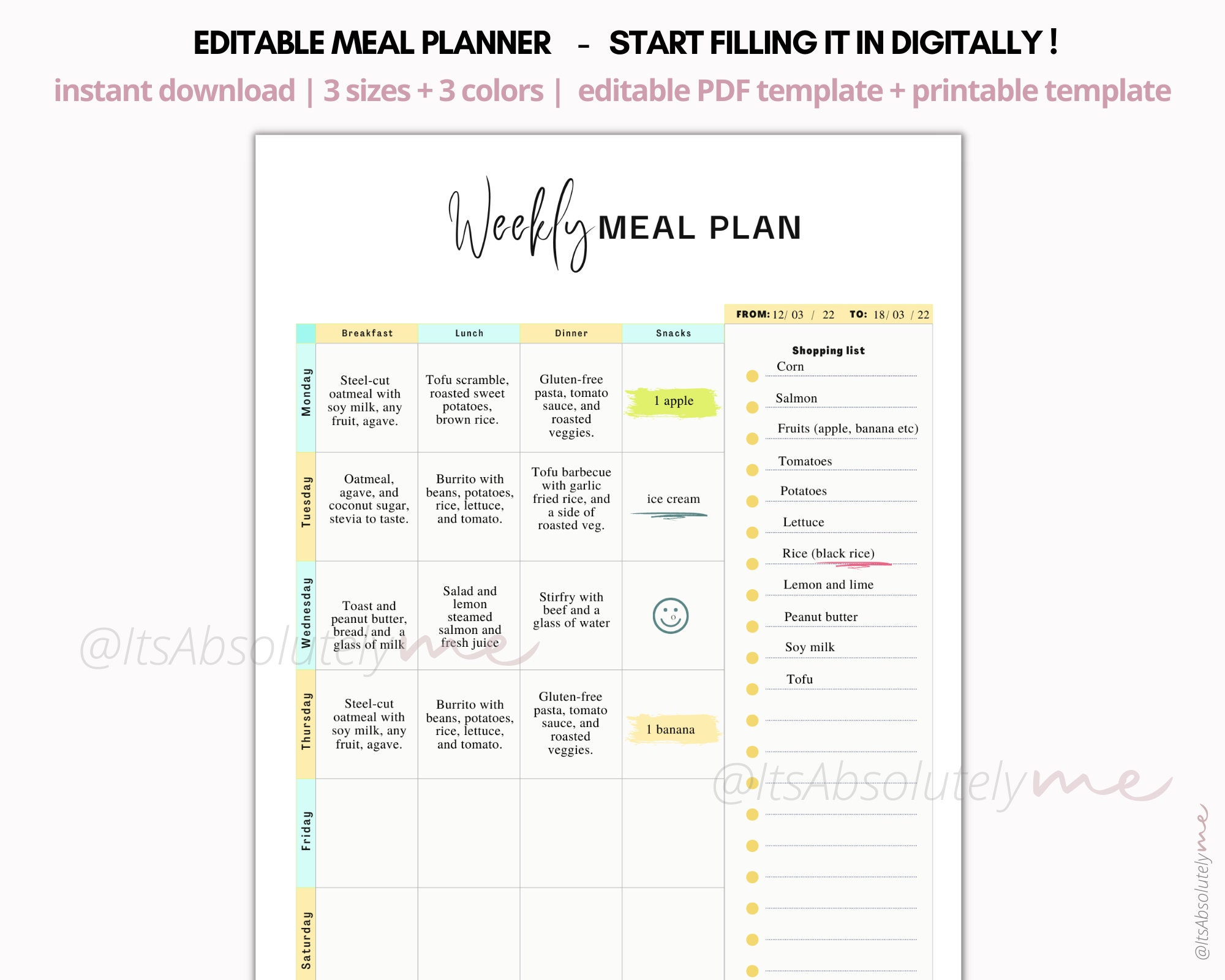 Weekly Meal Planner Editable, Meal Plan Template, Digital Meal Planner ...