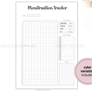 May include: A printable menstruation tracker with a grid for tracking your cycle, a section for notes, and a key for different flow levels. The tracker includes a section for cycle length and a note that color variations are included.