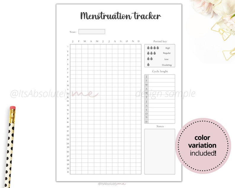 May include: A printable menstruation tracker with a grid for tracking your cycle, a section for notes, and a key for different flow levels. The tracker includes a section for cycle length and a note that color variations are included.