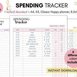 Rastreador de gastos, registro de gastos, rastreador de gastos imprimible, rastreador financiero, A4, A5, carta de EE. UU. y Classic Happy Planner