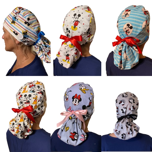 Mickey Minnie Mouse Scrub Cap Medical Hat Goofy, Donald Duck Surgical Hat Protect Hair Breathable Cotton, Buttons Ribbons