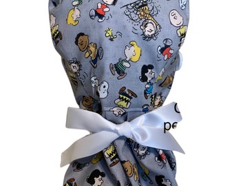 Snoopy SATIN LINED Nurse Ponytail Scrub Hat Cap Surgeon, Doctors, Techs, Buttons, Ribbons, Cotton, Long Hair