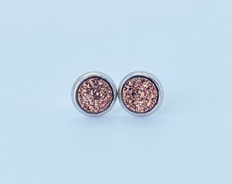 Rose Gold Studs, Stud Earrings, Dainty Studs, Druzy, Rose Gold, Circle Earrings, Round Studs, Gift for Her, Rose Gold Jewelry, Tiny Studs