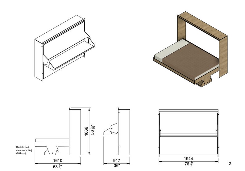 Murphy Bed With Desk Plans inches and Metric Etsy