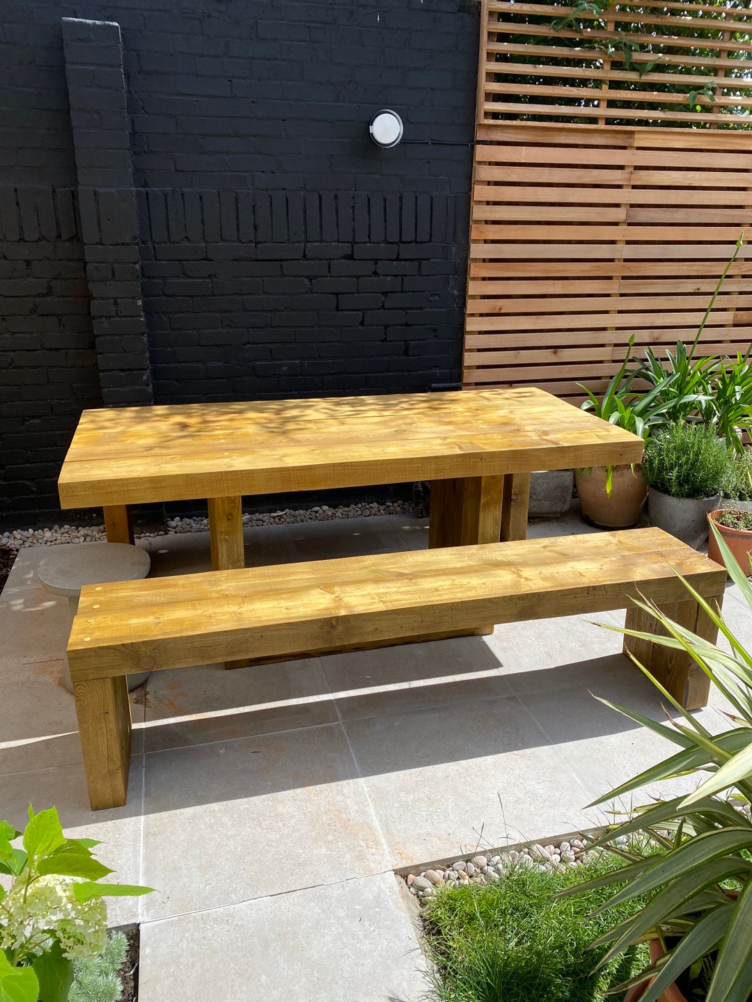 Solid Wood Outdoor Dining Table and Benches - Etsy UK