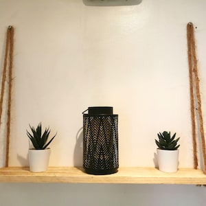 Rustic Hanging Shelf with Hemp Rope | Handmade Floating Shelf | Small Boho Wall Shelf for Plants, Bathroom, Kitchen or Bedroom Decor