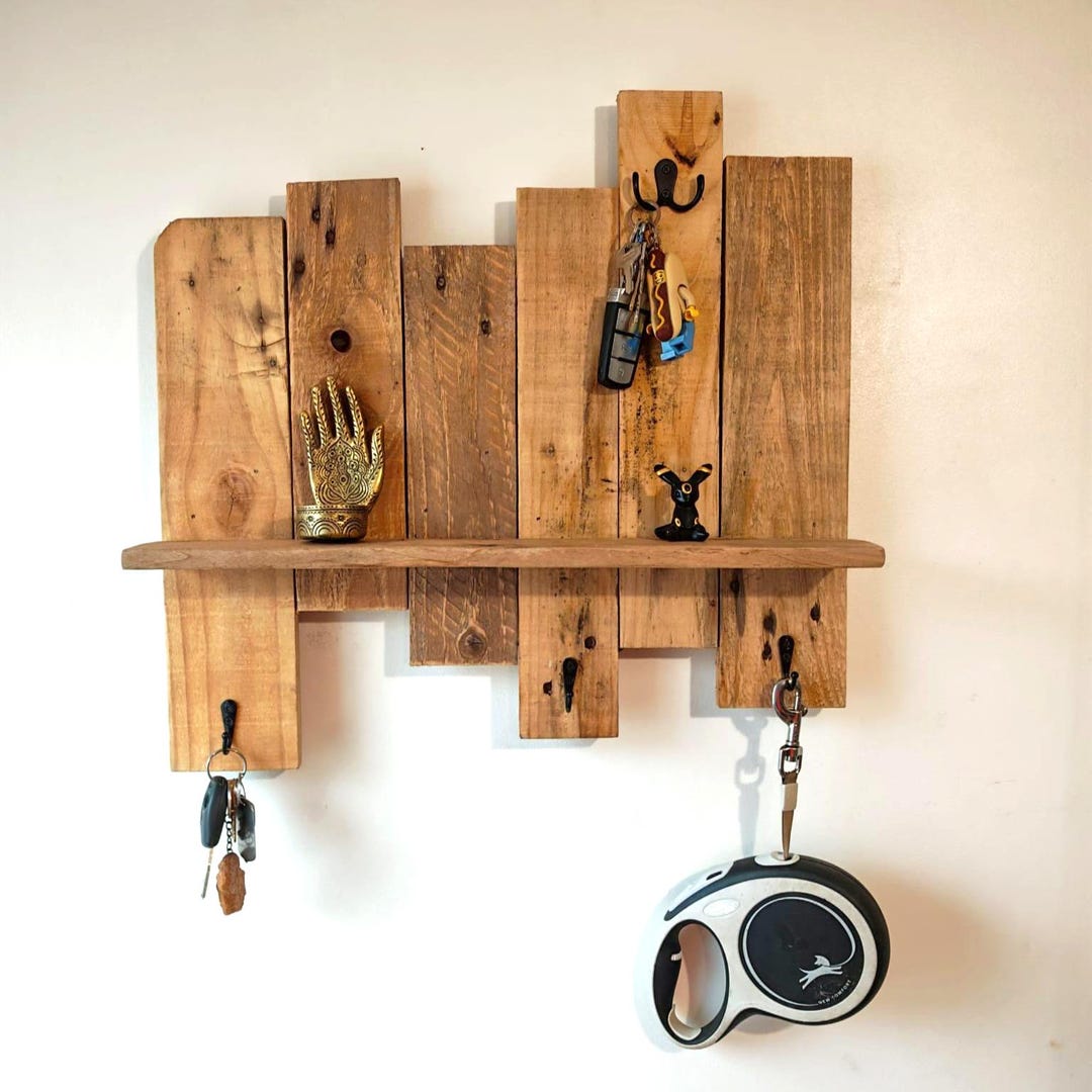 Rustic Key Holder Shelf: Reclaimed Pallet Wood, Dog Lead Hooks - Etsy UK