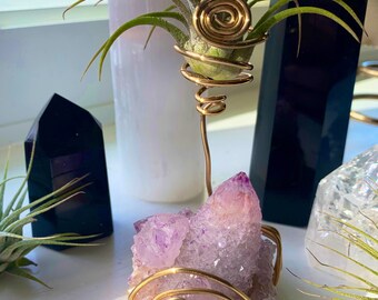 South African Amethyst Spirit Quartz (with Citrine Inclusions) Crystal Air Plant Holder & Tillandsia Air Plant | Boho Decor | Unique Crystal