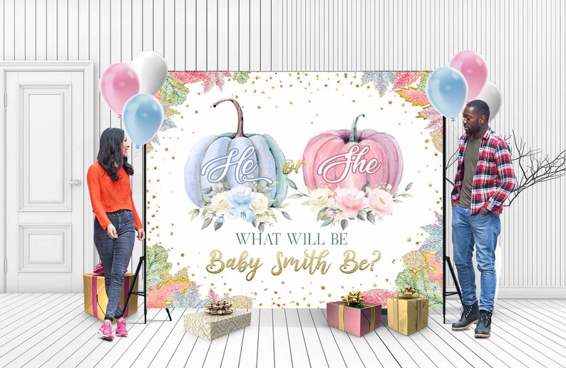 PRINTED Gender Reveal Pumpkin Backdrop Fall Gender Reveal Etsy