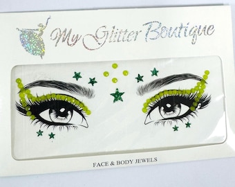 Joyas faciales MGB de calidad superior en color verde para festivales / Pegatinas faciales de Halloween / Pegatinas metálicas / Gemas faciales / Brillos / Disfraces para fiestas /