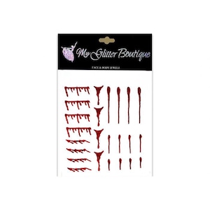 May include: A sheet of red glitter fake blood drops and streaks for face and body jewels. The sheet has the text "My Glitter Boutique" and "Face & Body Jewels".