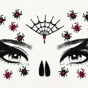 May include: Black and red spider and spiderweb face jewels. The jewels are designed to be applied to the face for a Halloween costume.