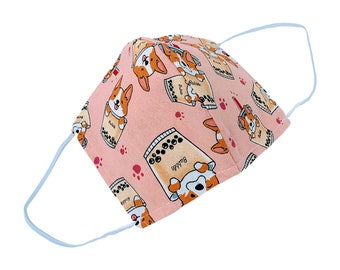 Corgi Boba/Bubble Tea 3D Washable Face Mask (Baby Pink)
