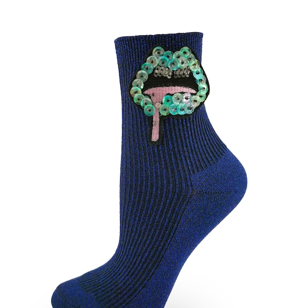 Einzigartig Glitzer Lippen Socken hand made Damen Mädchen Strümpfe Sabber Zunge lustig blau Unikat