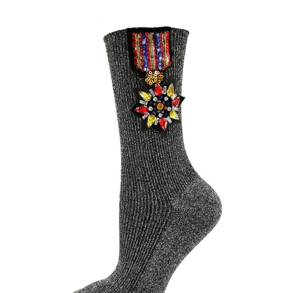 Einzigartig Glitzer Medaille Socken Damen Mädchen Strümpfe hand made mit Glitzersteinen Orden schwarz silber Unikat