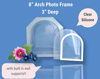 May include: Clear silicone mold for making an 8 inch arch photo frame. The mold is 3 inches deep and has built in wall supports.