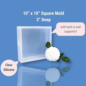 Peut inclure: Un moule en silicone transparent pour la création, mesurant 25,4 cm sur 25,4 cm et 7,6 cm de profondeur. Le moule est doté de supports muraux intégrés pour plus de stabilité. Le moule est sur une surface bleue avec une fleur blanche.