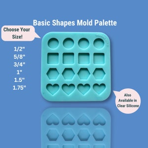 Könnte beinhalten: Eine türkisfarbene Silikon-Formenpalette mit verschiedenen Formen, darunter Kreise, Quadrate, Sechsecke und Herzen. Die Form ist mit "MODERN MOLD" beschriftet und hat die Größen 1/2", 5/8", 3/4", 1", 1,5" und 1,75".