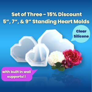 SET of 5", 7" and 9" Clear Silicone Standing Heart Mold / Deep Silicone Mold / Resin Mold / Concrete Mold