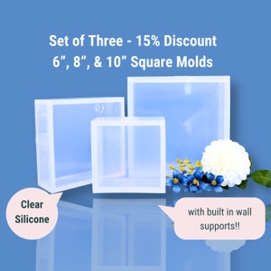 May include: Set of three clear silicone square molds, 6 inches, 8 inches, and 10 inches. The molds have built-in wall supports.