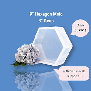 May include: Clear silicone hexagon mould, 9 inches wide and 3 inches deep. The mould has built-in wall supports.