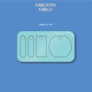 May include: A silicone mold with four different shapes: two rectangular, one wavy rectangular, and one round. The mold is light blue and has the text "MODERN MOLD" on the top and bottom. The text "Depth: 3/16" is also included.