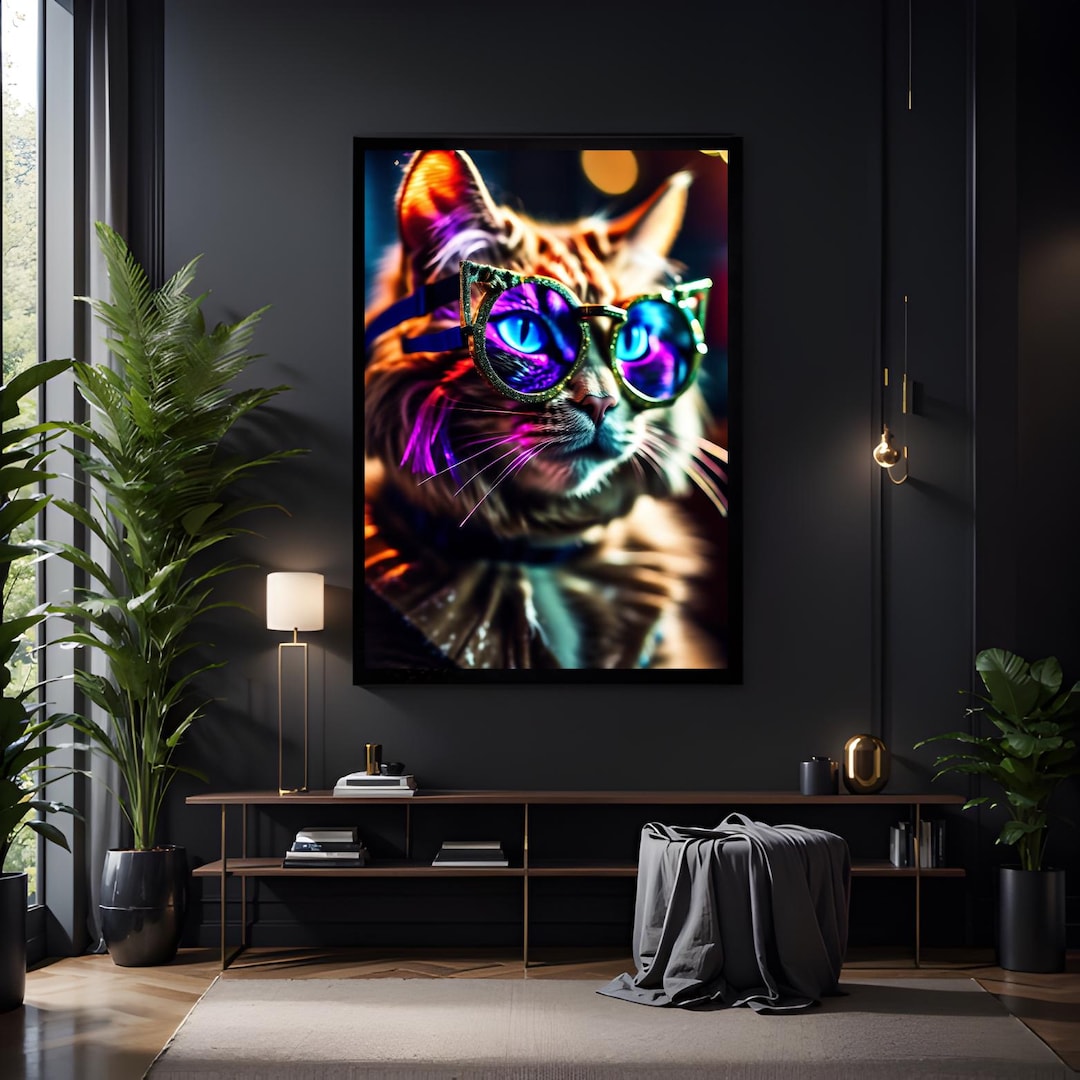 Neon Cyberpunk Cat Wall Art Print, Colourful Glasses Cat Poster, Gamer ...