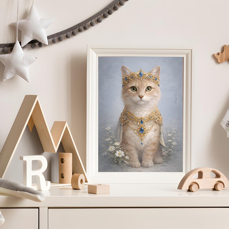 Jewelled Crown Kitten Cat Wall Art Print, Royal Cat Nursery Poster ...