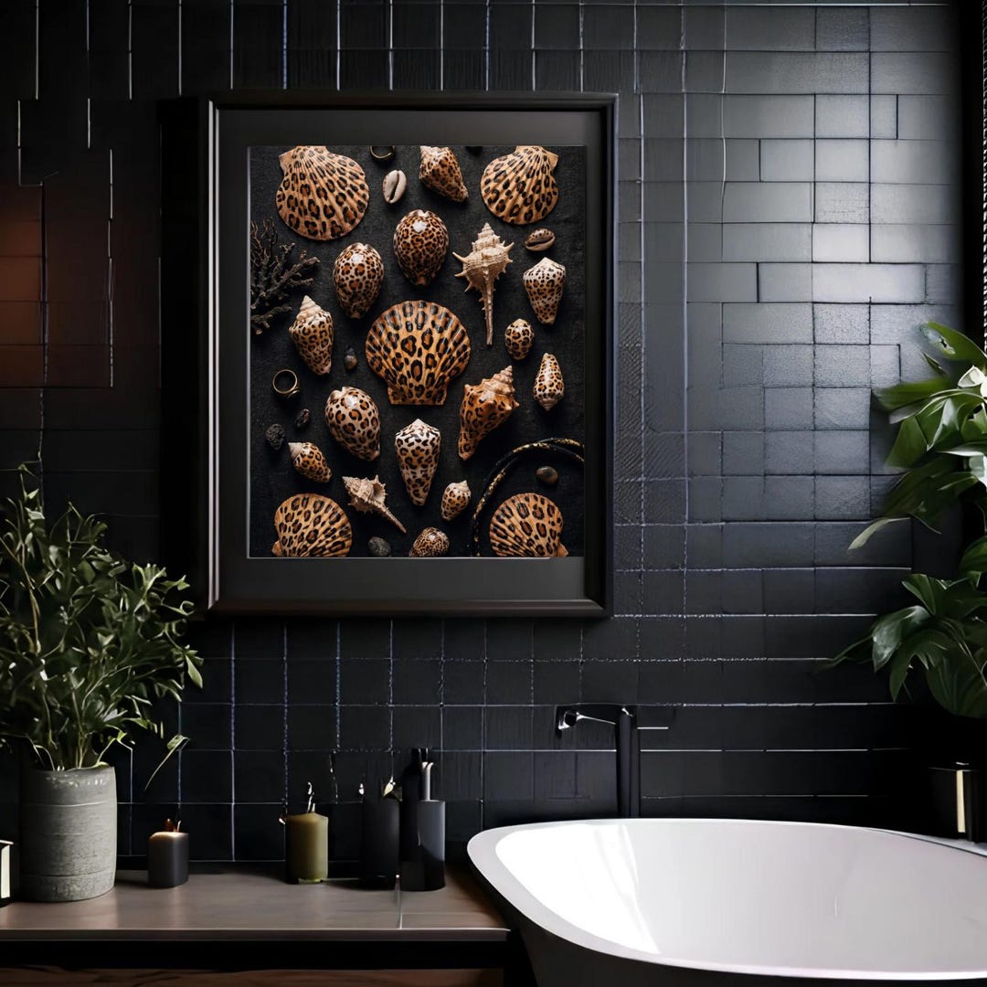 Leopard Print Shell Wall Art, Dark Coastal Decor, Seashell Poster, Dark ...
