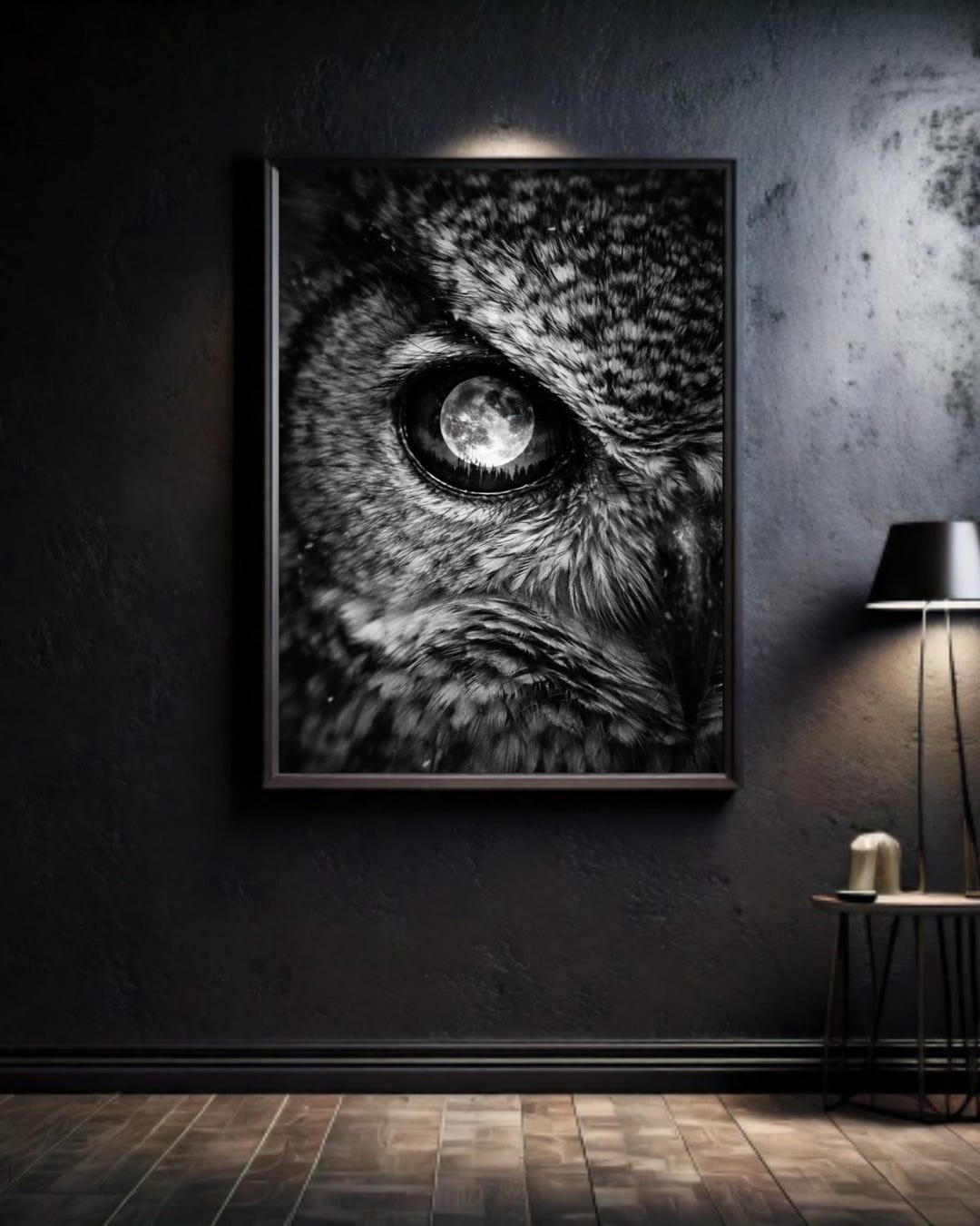 Snowy Owl Eye Wall Art Print, Black White Full Moon Poster, Dark Fine ...