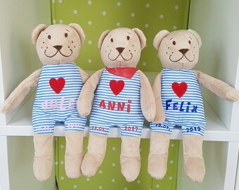 Stofftier zur Geburt oder Taufe,  Teddy, Geschenk Geburt, Geschenk Taufe, Mitbringsel, Glücksbringer, individualisierbar mit Name und Datum