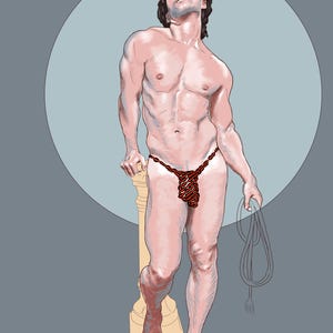May include: Digital illustration of a muscular figure in a red woven thong, holding a rope. The figure is standing next to a gold-colored pillar, with a light blue circle in the background. The artwork has a classical art style.