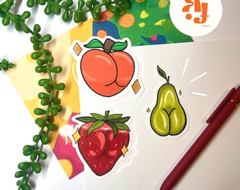 Cheeky Fruit Stickers: Pear, Strawberry, Peach - Waterproof Vinyl