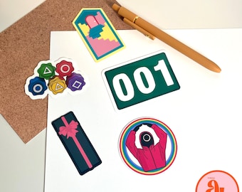 Squid Game Stickers – Coffin, Masked Men, Iconic Hallways, 001 Badge & Gonggi