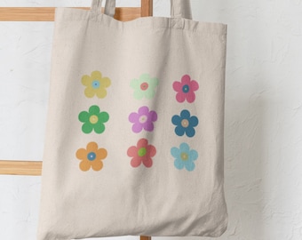 Retro Flower Canvas Tote, Aesthetic Tote Bag, Daisy Canvas Tote Bag Aesthetic, Custom Tote, Urban Tote, Reusable Shopping Bag
