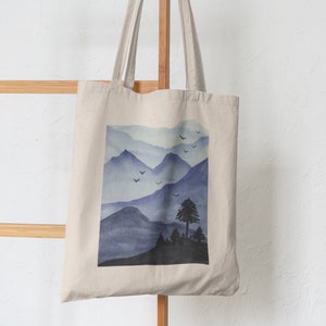 Watercolor Blue Landscape Tote, Aesthetic Tote Bag, Tree Tote Bag, Eco Friendly Bag, Mountain Trendy Tote Bag, Urban Tote, Graphic Tote