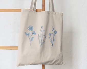 Blue Floral Canvas Tote, Aesthetic Tote Bag, Flower Tote, Trendy Tote Bag, Cottagecore Tote, Graphic Tote