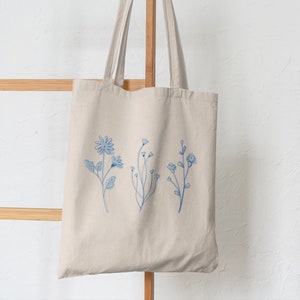 Blue Floral Canvas Tote, Aesthetic Tote Bag, Flower Tote, Trendy Tote Bag, Cottagecore Tote, Graphic Tote