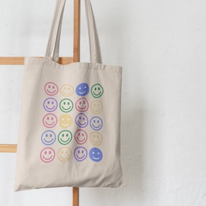 Retro helles Smiley Gesicht Canvas Tote, ästhetische Tragetasche, Retro Tote, Ästhetik, Urban Tote, wiederverwendbare Einkaufstasche