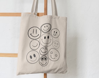 Smiles Canvas Tote Bag, Smiley Face Tote, Retro Tote, Reusable Tote, Eco Friendly Bag, VSCO Girl Tote, Aesthetic, Trendy Tote Bag