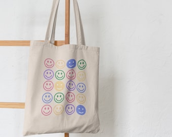 Retro Bright Smiley Face Canvas Tote, Aesthetic Tote Bag, Retro Tote, Aesthetic, Urban Tote, Reusable Shopping Bag