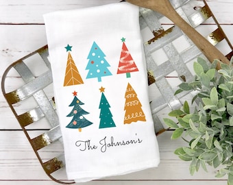 Personalisiertes Weihnachtsgeschirrtuch, Weihnachtsbaum-Geschirrtuch, Gastgeberinnengeschenk, individuelles Küchentuch, personalisiertes Mehlsack-Tuch