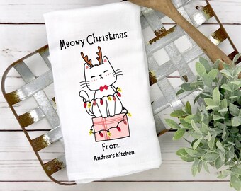 Personalized Cat Christmas Dish Towel, Personalized Kitchen Towels, Custom Holiday Towel, Christmas Tea Towel, Holiday Dish Towel